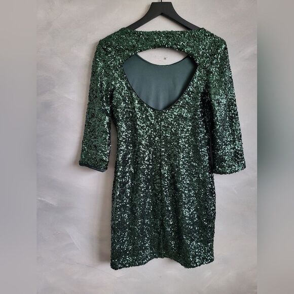 Express Dress Sequin Emerald Green Open Back Side Zip Sz 8 - Picture 6 of 11